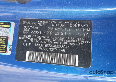 2010 Hyundai Genesis 2.0T z USA, uszkodzony, nr VIN KMHHT6KD0AU028044